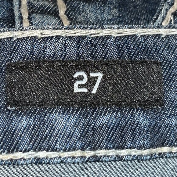 AFFLICTION 73 MMA JADE Top Stitched Denim Distressed Low Rise Flare Jeans EUC 27 - Picture 13 of 14